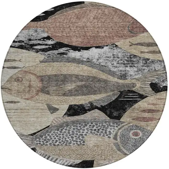 8' Black And Beige Round Tropical Fish Washable Indoor Outdoor Area Rug Photo 2