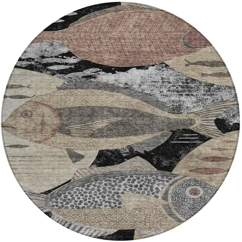 8' Black And Beige Round Tropical Fish Washable Indoor Outdoor Area Rug Photo 2
