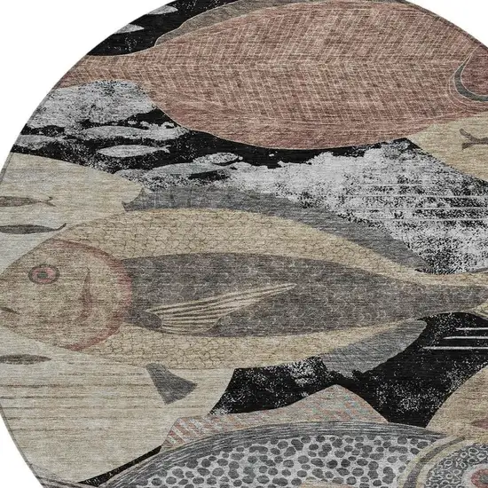 8' Black And Beige Round Tropical Fish Washable Indoor Outdoor Area Rug Photo 3