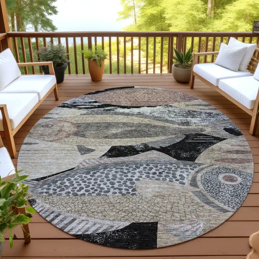 8' Black And Beige Round Tropical Fish Washable Indoor Outdoor Area Rug Photo 4