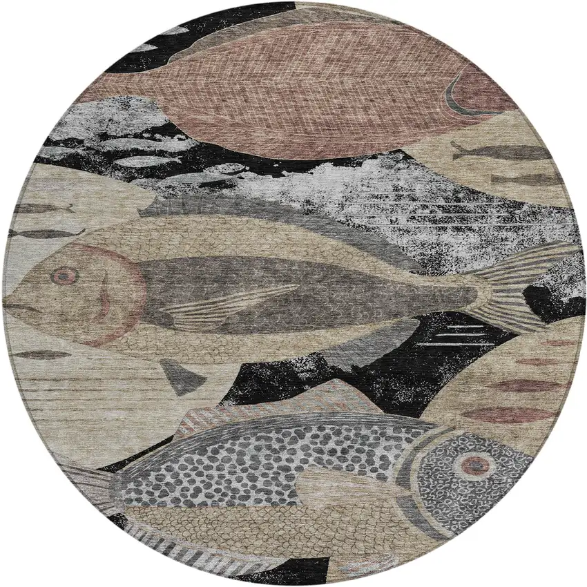 8' Black And Beige Round Tropical Fish Washable Indoor Outdoor Area Rug Photo 1