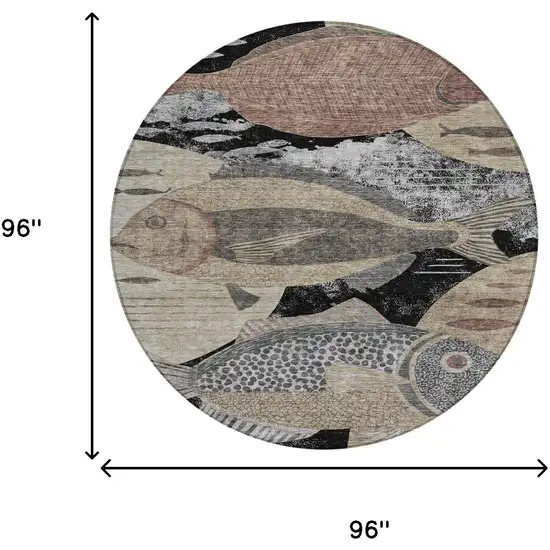 8' Black And Beige Round Tropical Fish Washable Indoor Outdoor Area Rug Photo 7