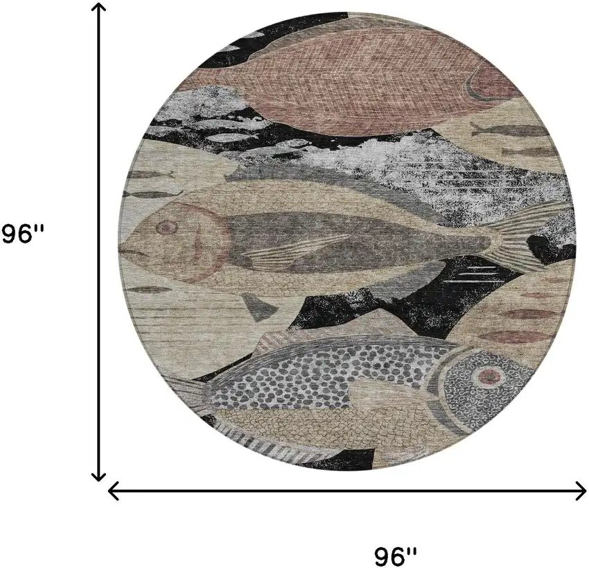 8' Black And Beige Round Tropical Fish Washable Indoor Outdoor Area Rug Photo 7