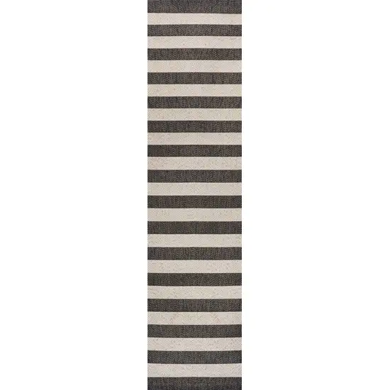 8' Black And Beige Striped Indoor Outdoor Runner Rug Photo 1
