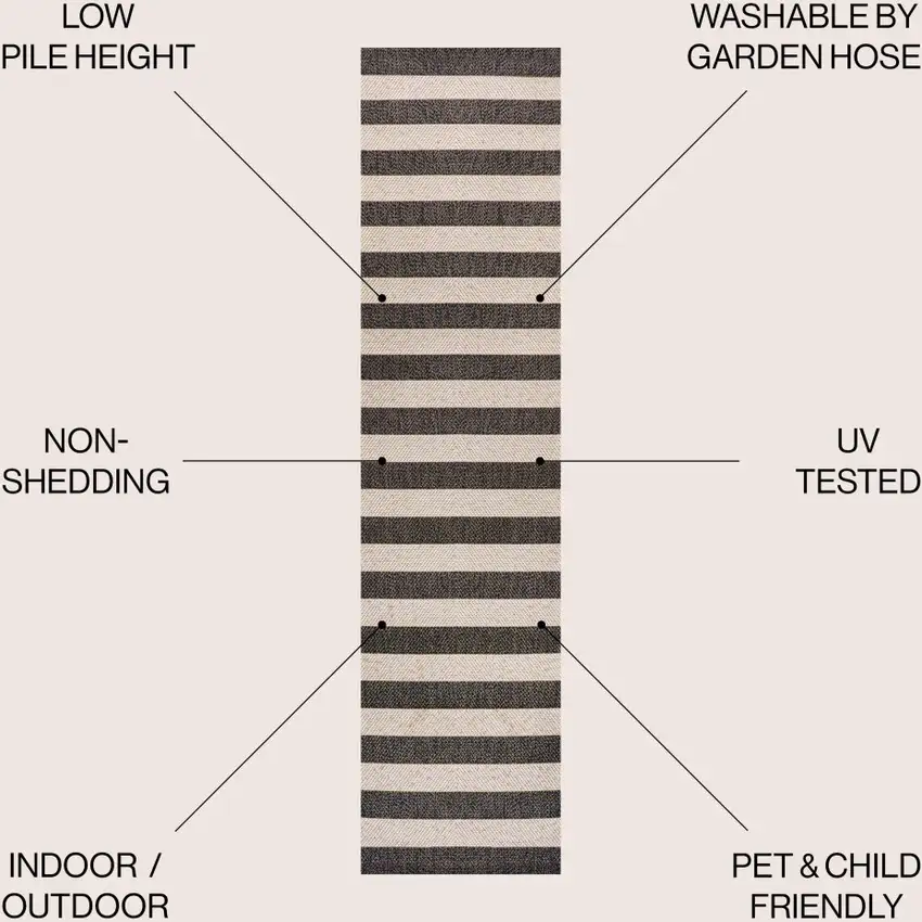 8' Black And Beige Striped Indoor Outdoor Runner Rug Photo 7