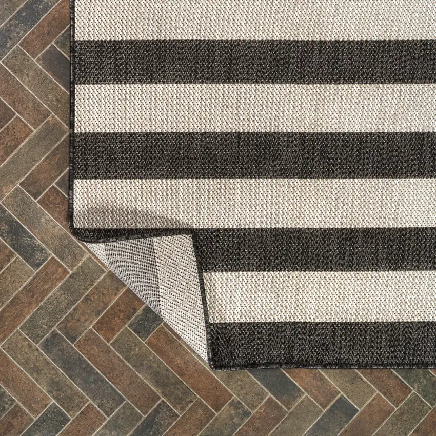 8' Black And Beige Striped Indoor Outdoor Runner Rug Photo 8