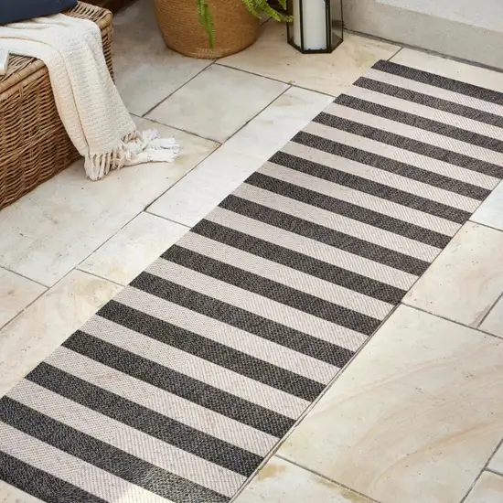 8' Black And Beige Striped Indoor Outdoor Runner Rug Photo 4