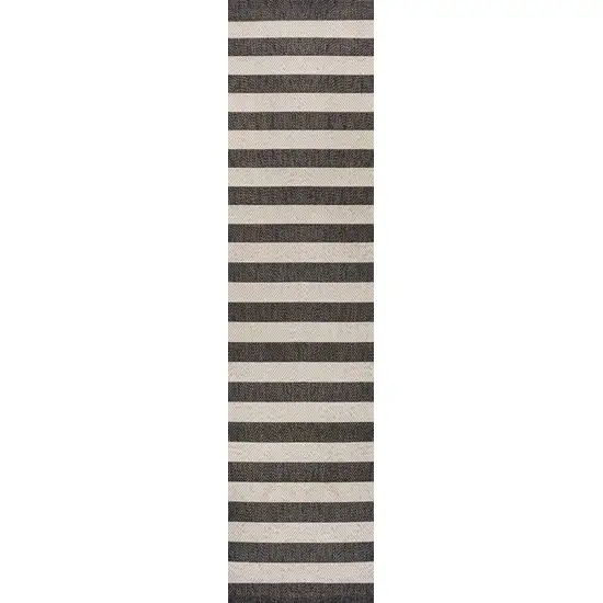 8' Black And Beige Striped Indoor Outdoor Runner Rug Photo 2