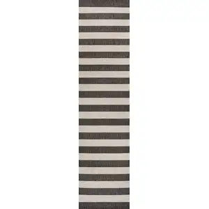 Photo of 8' Black And Beige Striped Indoor Outdoor Runner Rug