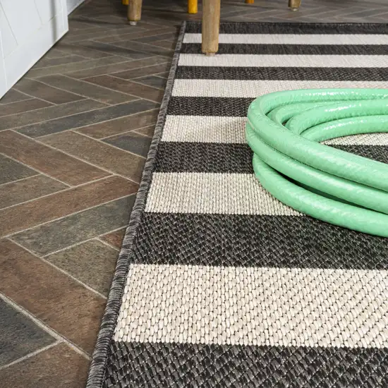 8' Black And Beige Striped Indoor Outdoor Runner Rug Photo 6