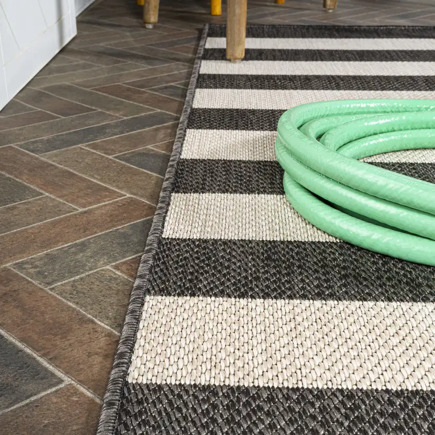 8' Black And Beige Striped Indoor Outdoor Runner Rug Photo 6