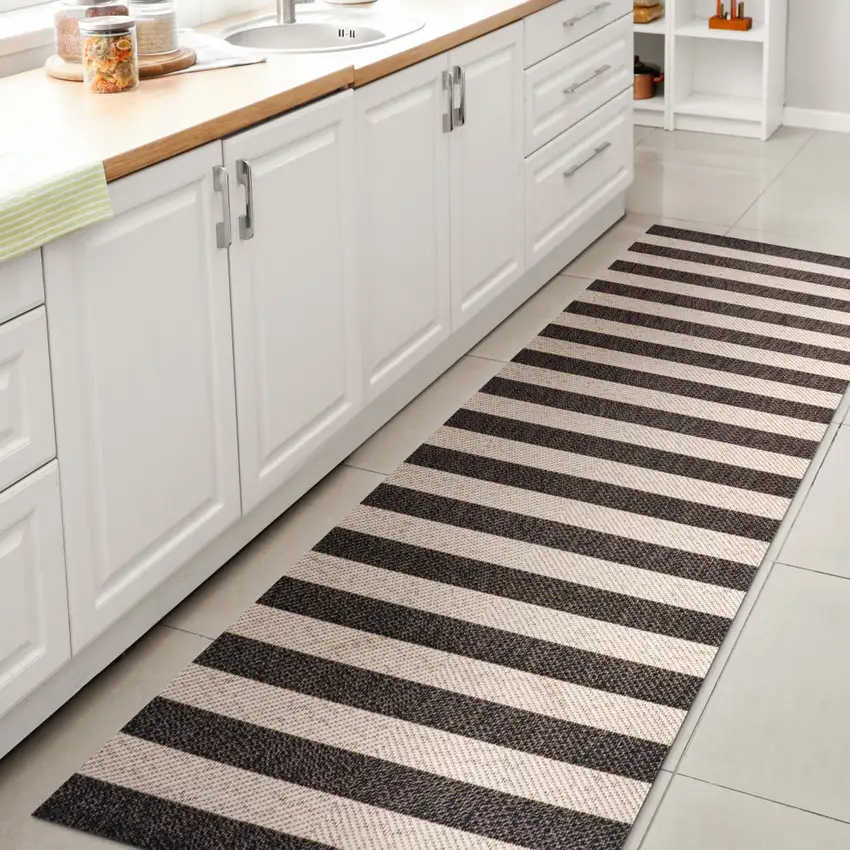 8' Black And Beige Striped Indoor Outdoor Runner Rug Photo 5