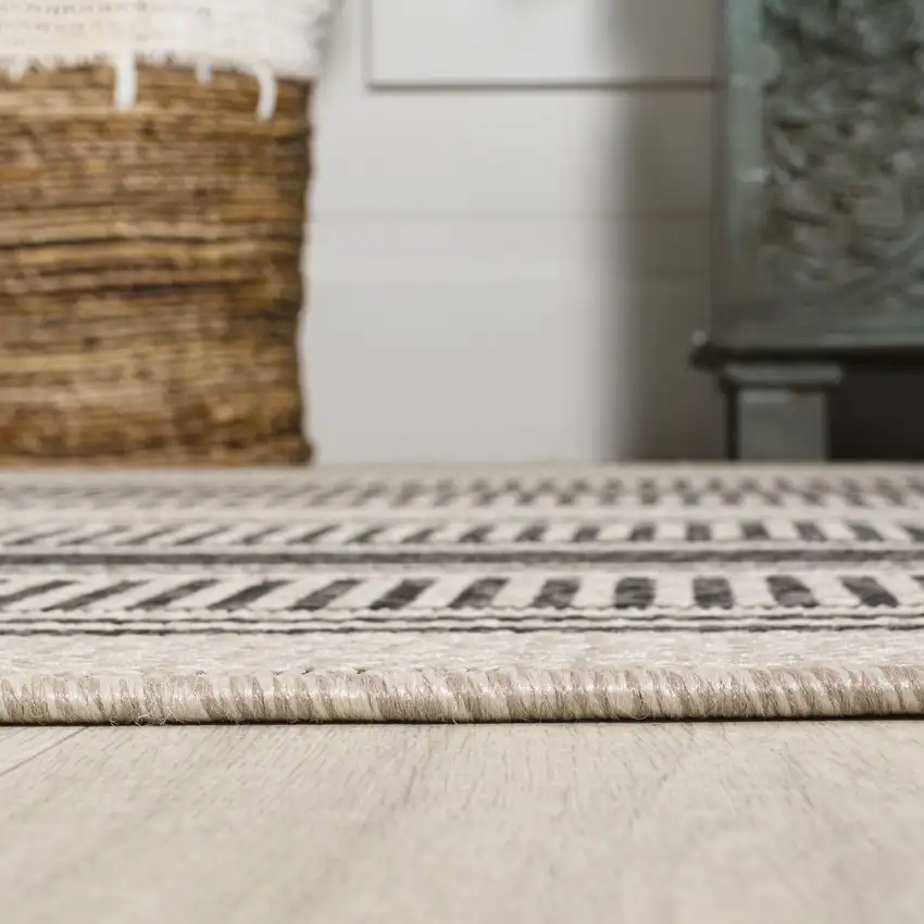 8' Black And Beige Striped Indoor Outdoor Runner Rug Photo 9