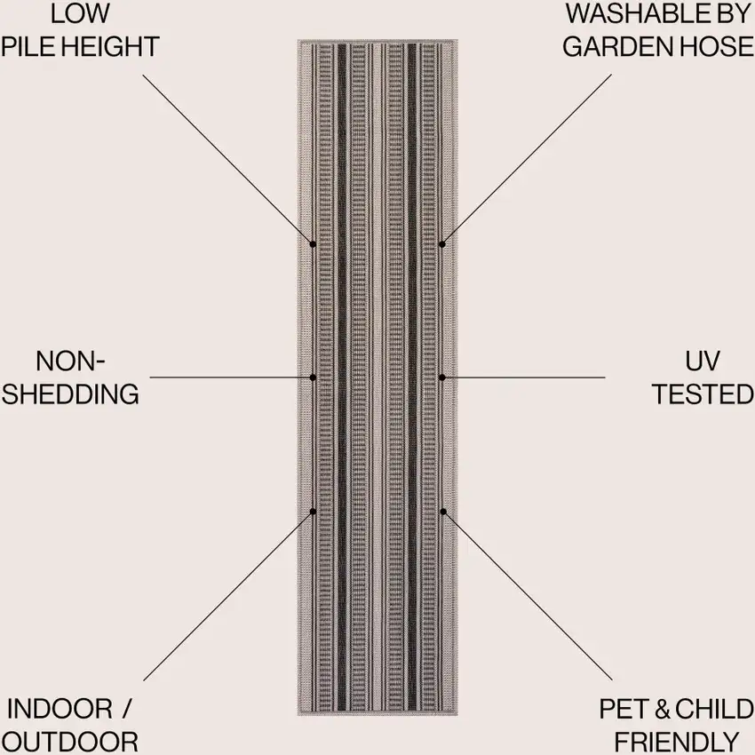 8' Black And Beige Striped Indoor Outdoor Runner Rug Photo 7