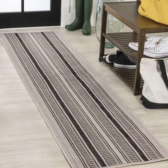 8' Black And Beige Striped Indoor Outdoor Runner Rug Photo 3