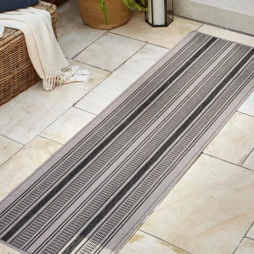 8' Black And Beige Striped Indoor Outdoor Runner Rug Photo 4