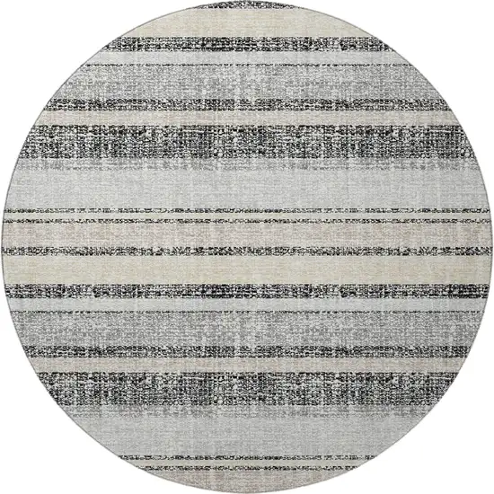 8' Black And Beige Striped Washable Round Rug With UV Protection Photo 3