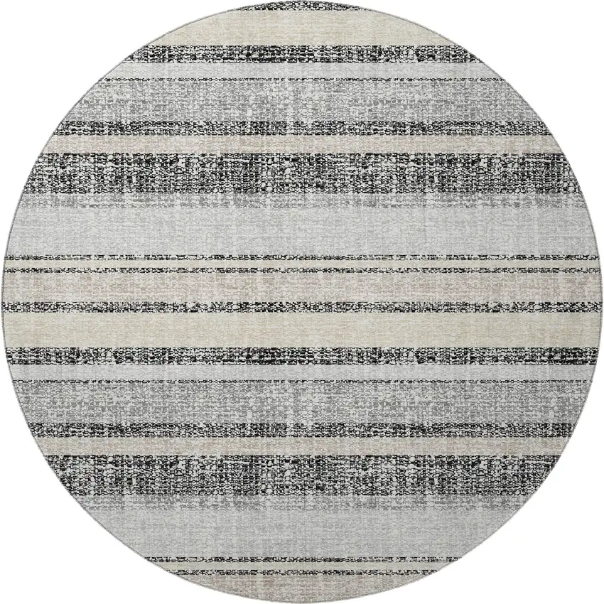 8' Black And Beige Striped Washable Round Rug With UV Protection Photo 3