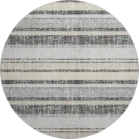 8' Black And Beige Striped Washable Round Rug With UV Protection Photo 1