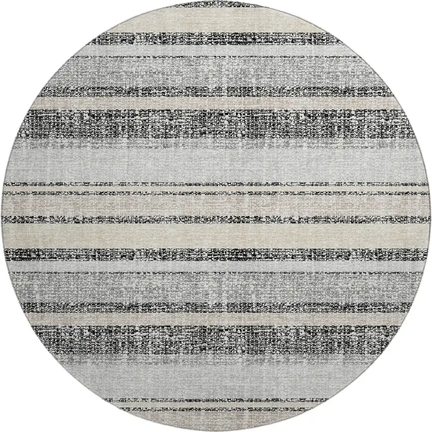 8' Black And Beige Striped Washable Round Rug With UV Protection Photo 1