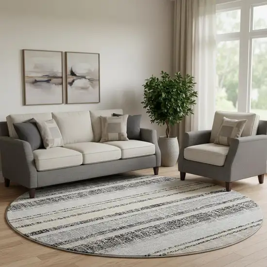 8' Black And Beige Striped Washable Round Rug With UV Protection Photo 2