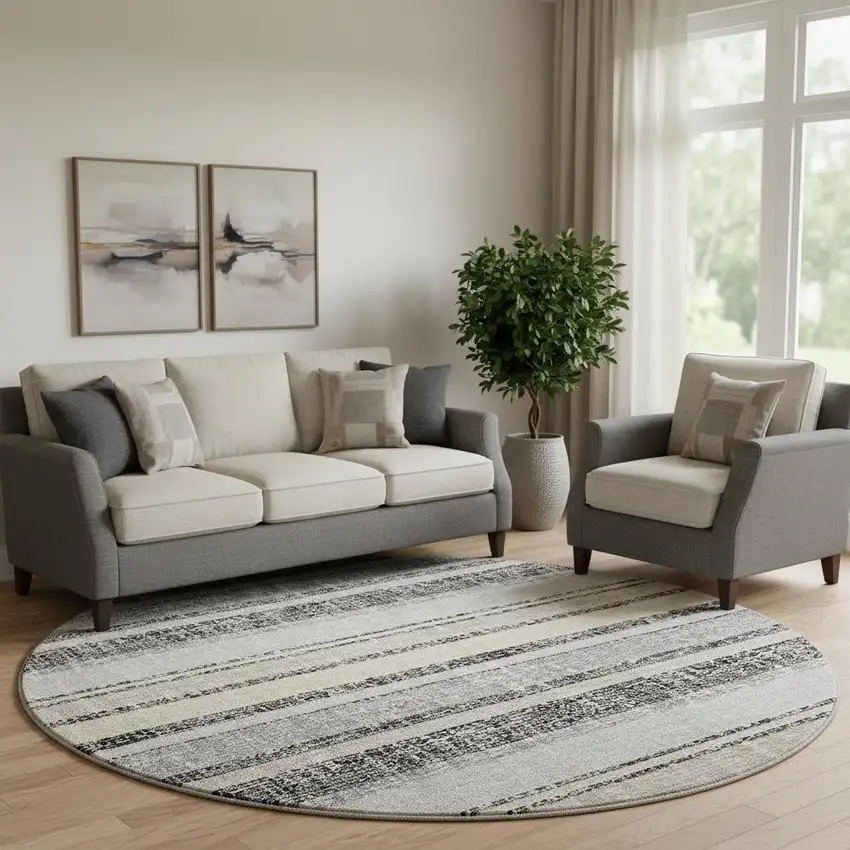 8' Black And Beige Striped Washable Round Rug With UV Protection Photo 2