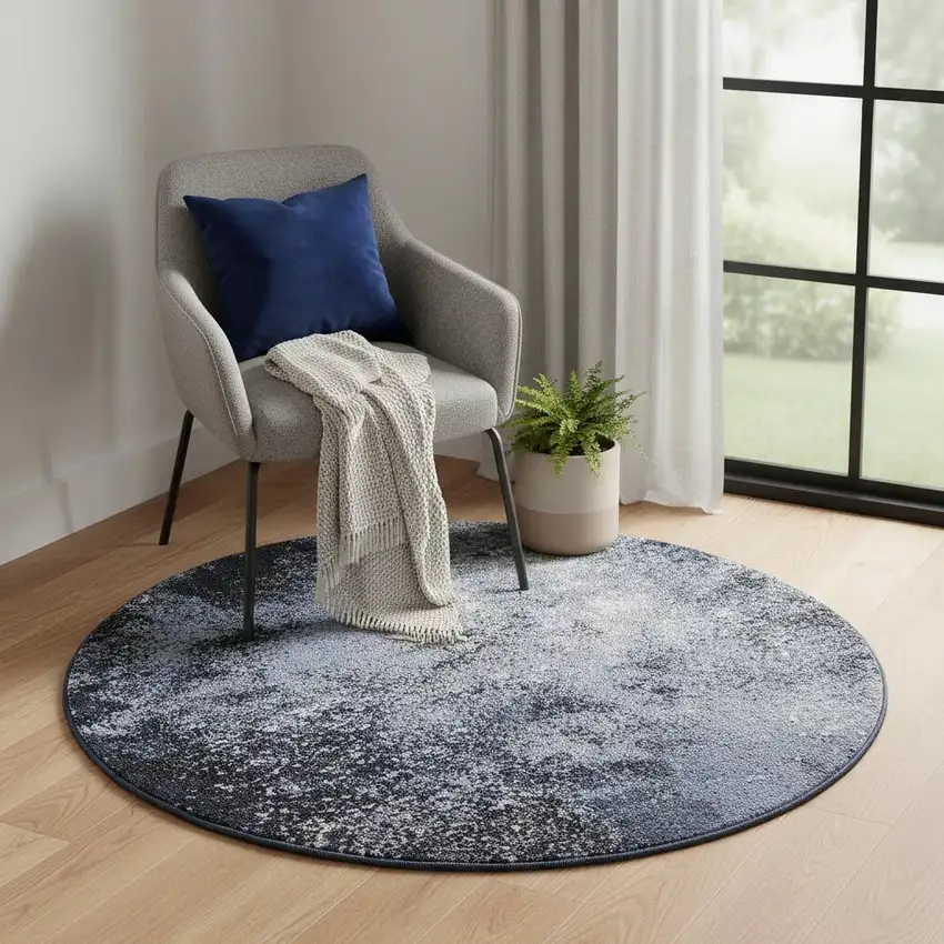 5' Black And Blue Abstract Round Rug Photo 1