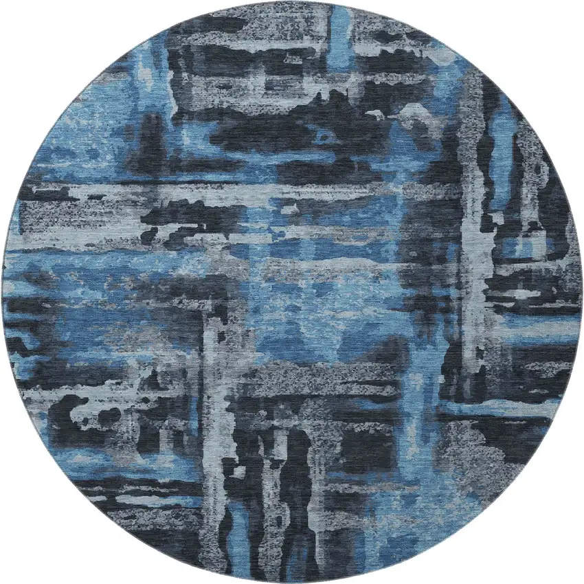 8' Black And Blue Abstract Washable Round Rug With UV Protection Photo 4