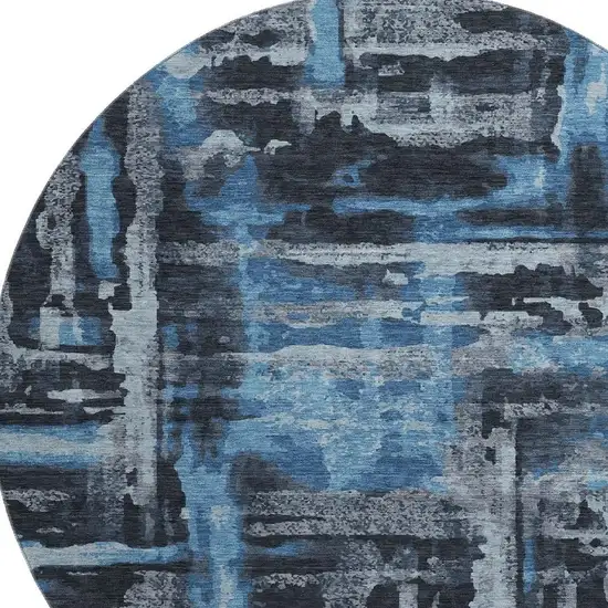8' Black And Blue Abstract Washable Round Rug With UV Protection Photo 3