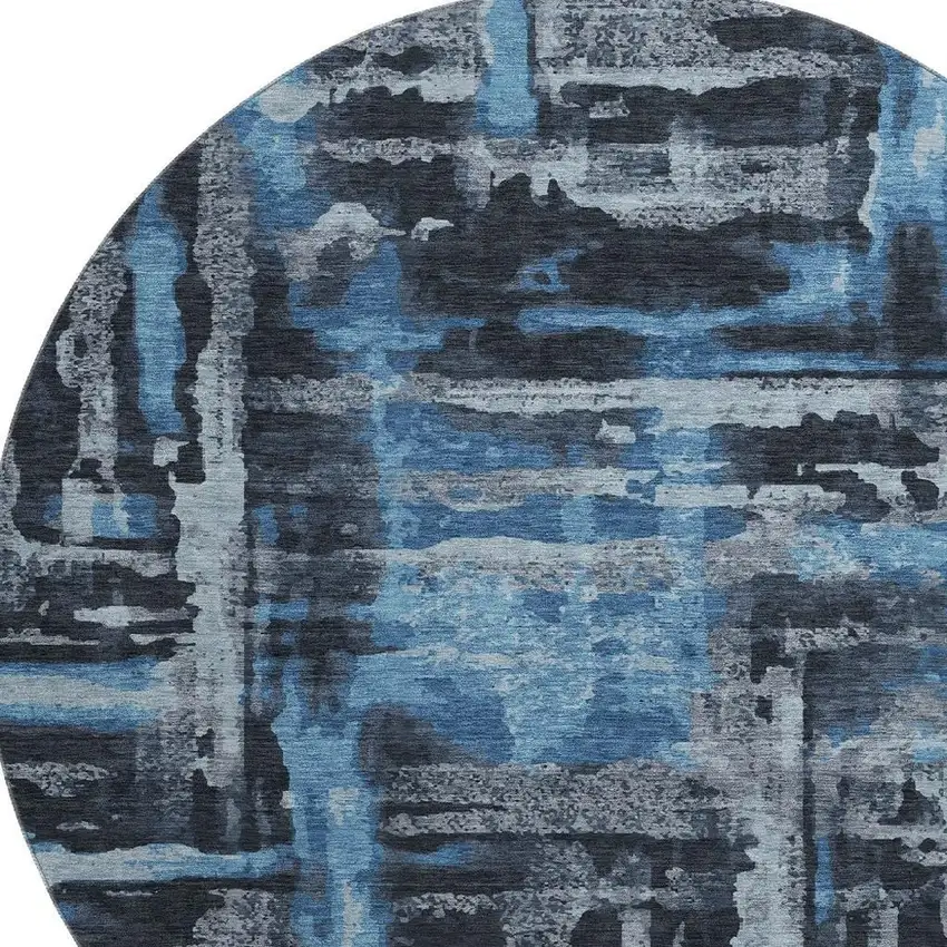 8' Black And Blue Abstract Washable Round Rug With UV Protection Photo 3