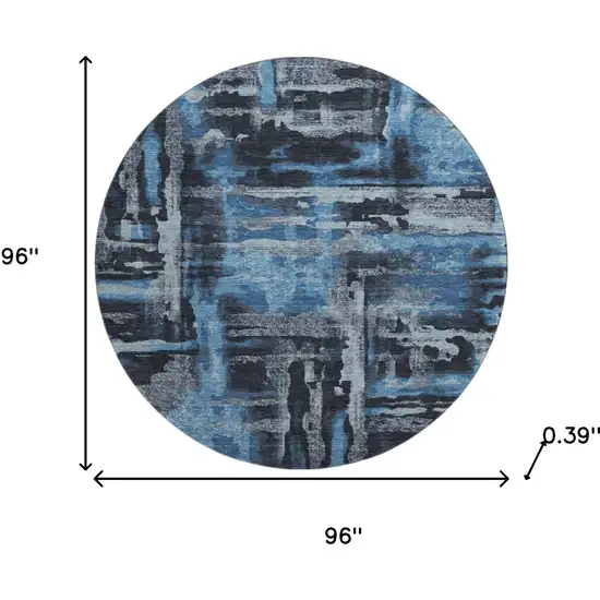 8' Black And Blue Abstract Washable Round Rug With UV Protection Photo 8