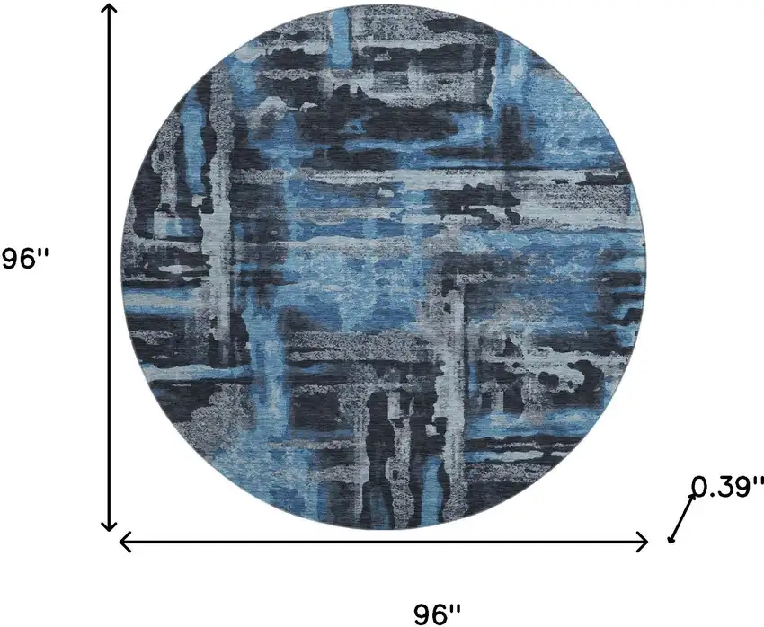 8' Black And Blue Abstract Washable Round Rug With UV Protection Photo 8