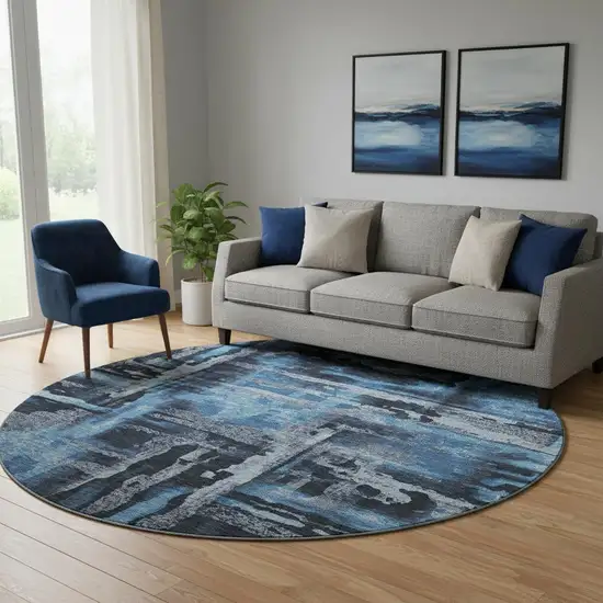 8' Black And Blue Abstract Washable Round Rug With UV Protection Photo 2