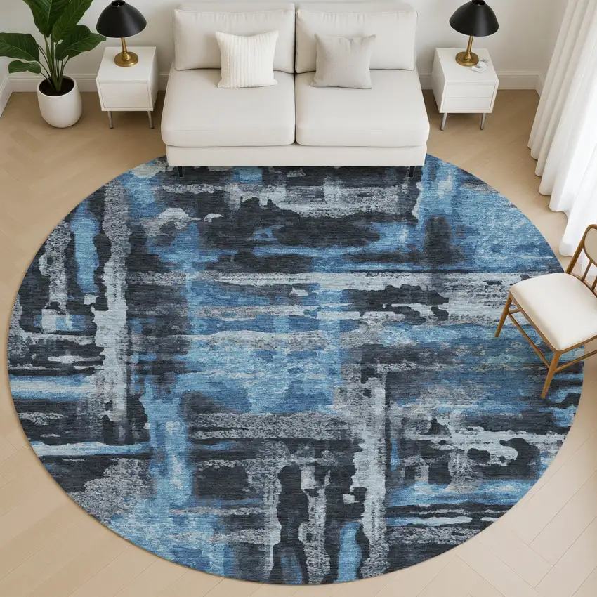 8' Black And Blue Abstract Washable Round Rug With UV Protection Photo 5