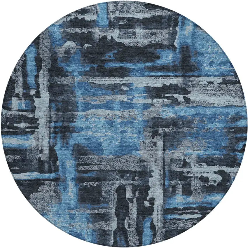 8' Black And Blue Round Abstract Washable Indoor Outdoor Area Rug Photo 4