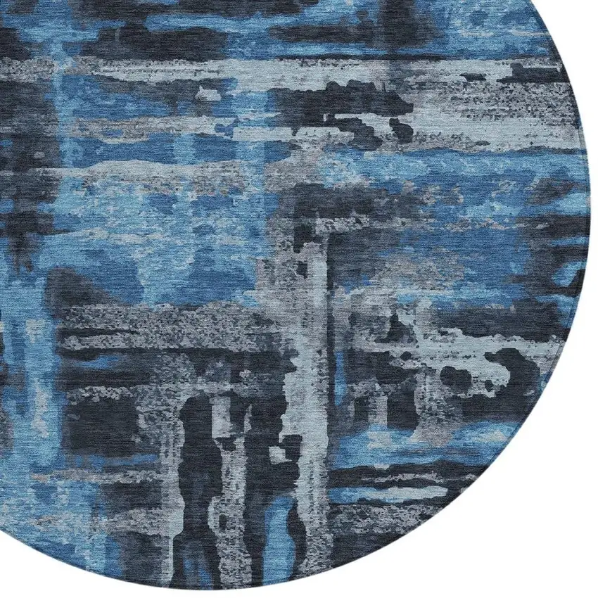 8' Black And Blue Round Abstract Washable Indoor Outdoor Area Rug Photo 8