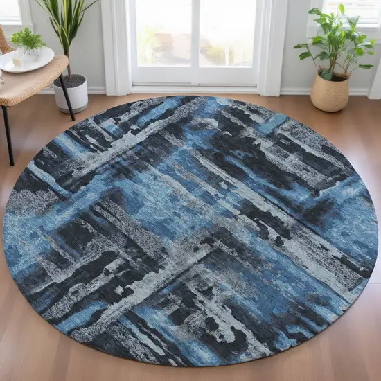 8' Black And Blue Round Abstract Washable Indoor Outdoor Area Rug Photo 5