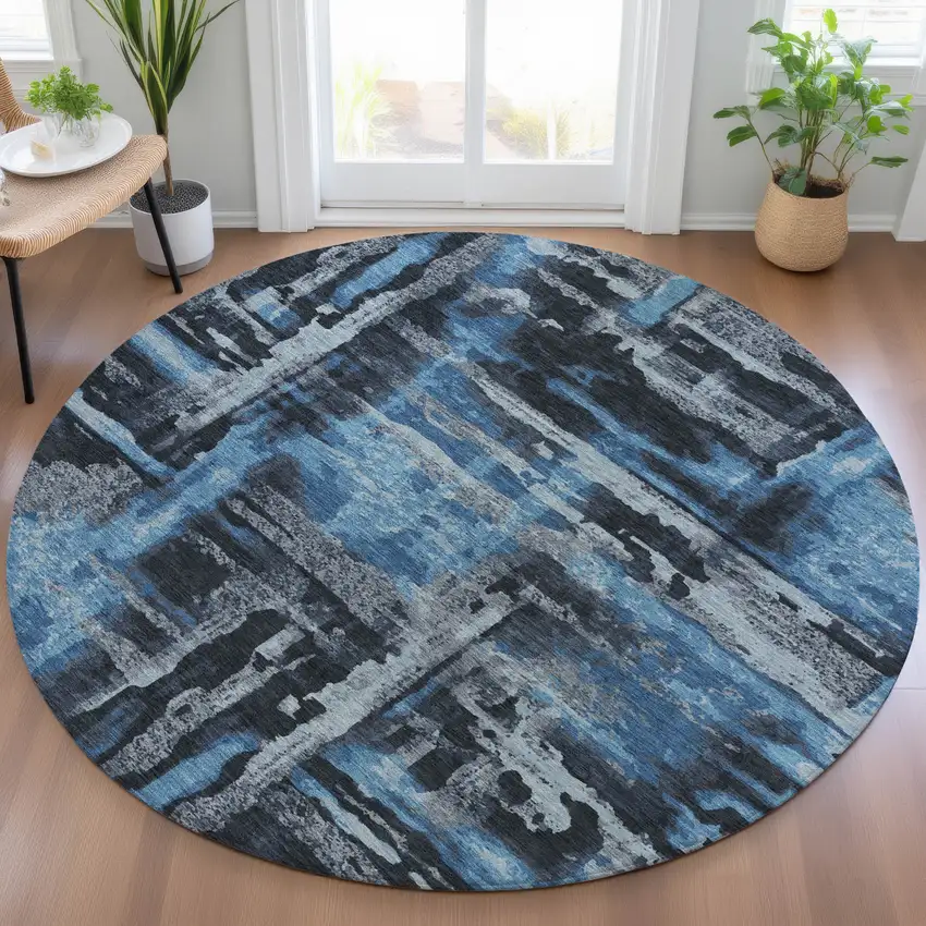 8' Black And Blue Round Abstract Washable Indoor Outdoor Area Rug Photo 5
