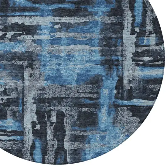 8' Black And Blue Round Abstract Washable Indoor Outdoor Area Rug Photo 3