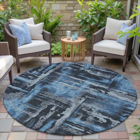 8' Black And Blue Round Abstract Washable Indoor Outdoor Area Rug Photo 6