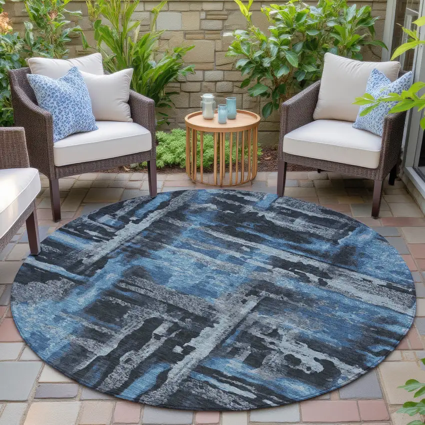 8' Black And Blue Round Abstract Washable Indoor Outdoor Area Rug Photo 6