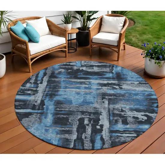 8' Black And Blue Round Abstract Washable Indoor Outdoor Area Rug Photo 2