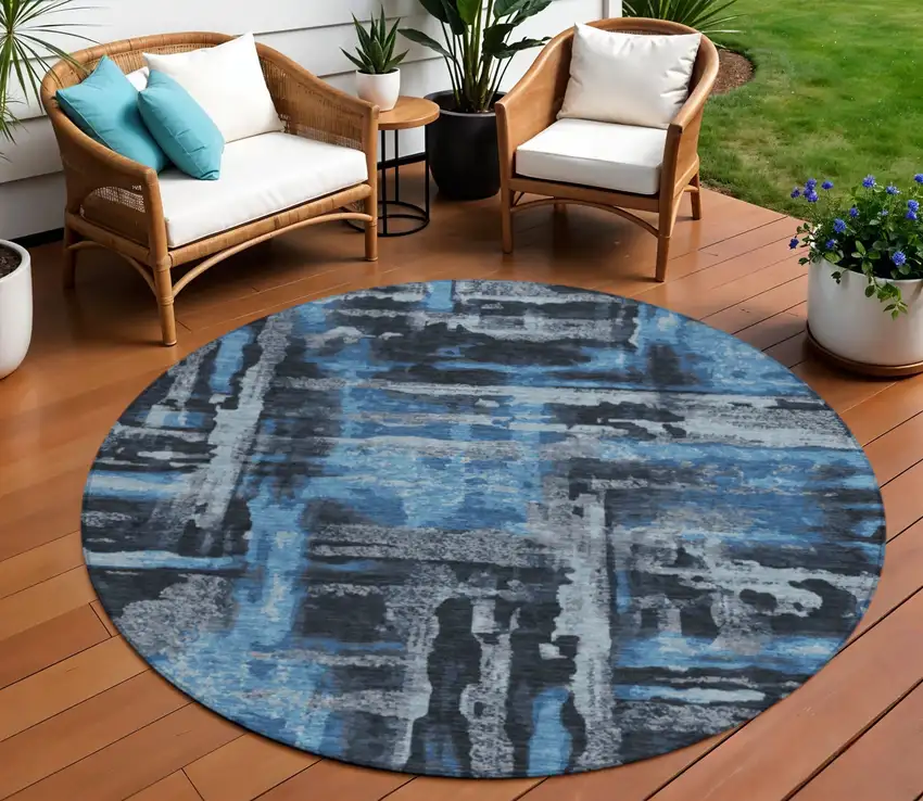 8' Black And Blue Round Abstract Washable Indoor Outdoor Area Rug Photo 2