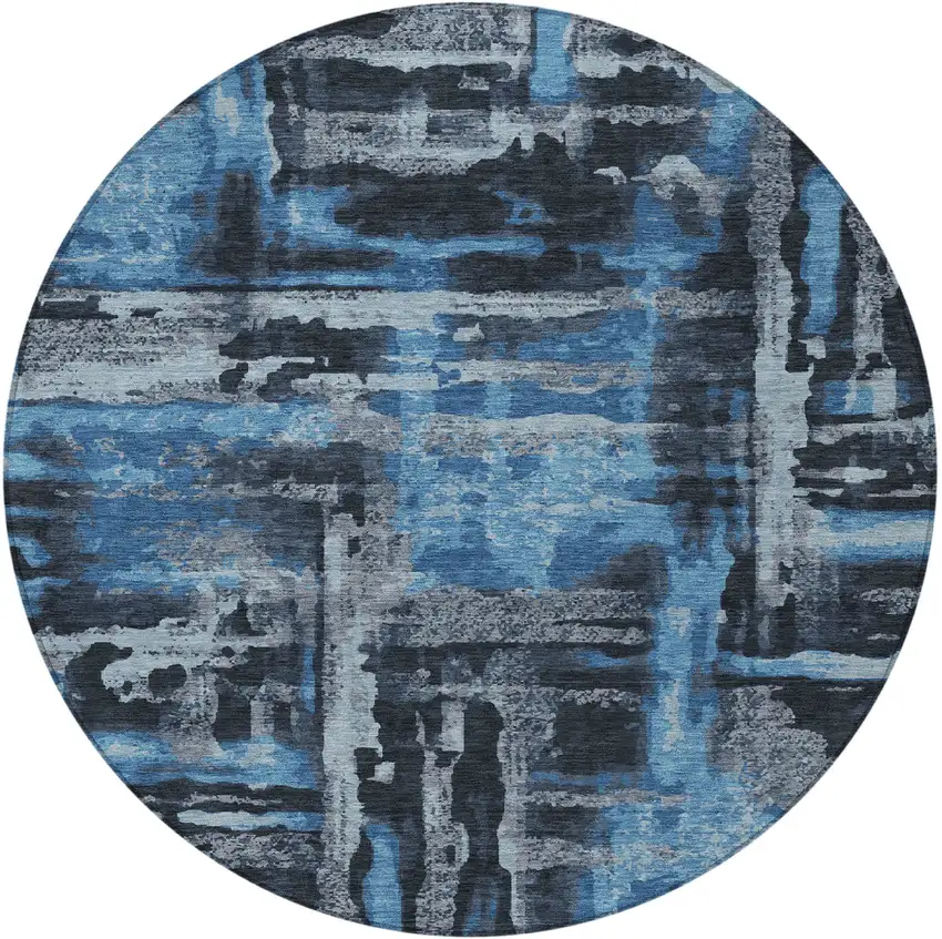 8' Black And Blue Round Abstract Washable Indoor Outdoor Area Rug Photo 1