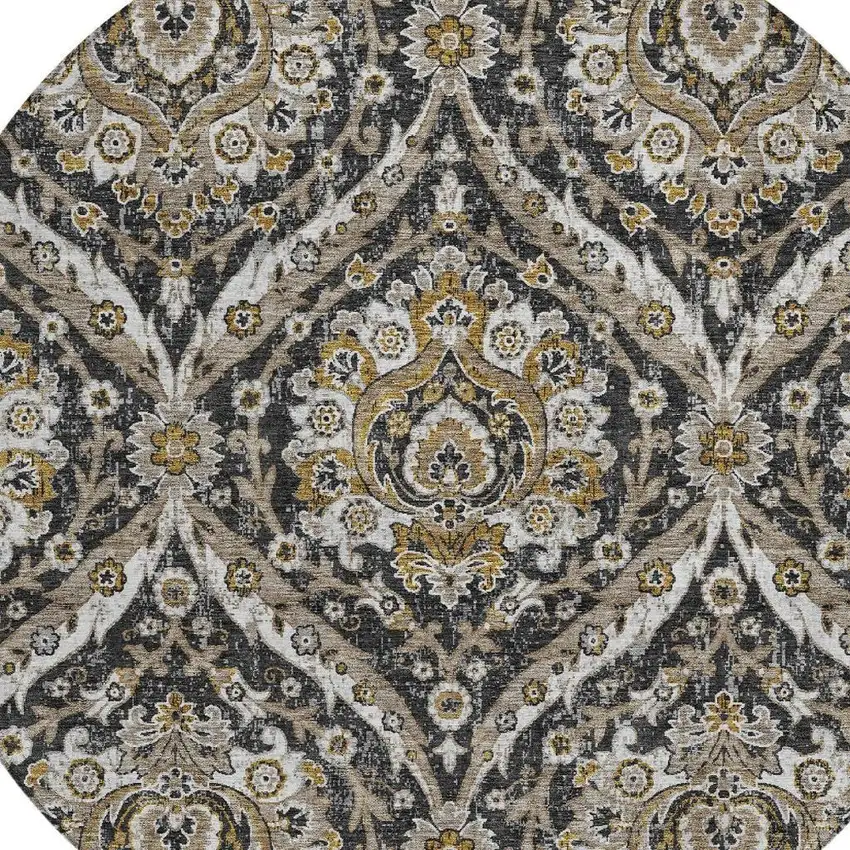 8' Black And Blue Round Floral Washable Indoor Outdoor Area Rug Photo 3