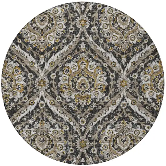 8' Black And Blue Round Floral Washable Indoor Outdoor Area Rug Photo 4