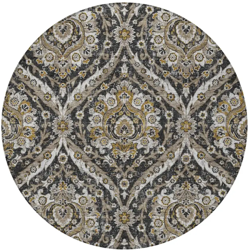 8' Black And Blue Round Floral Washable Indoor Outdoor Area Rug Photo 4