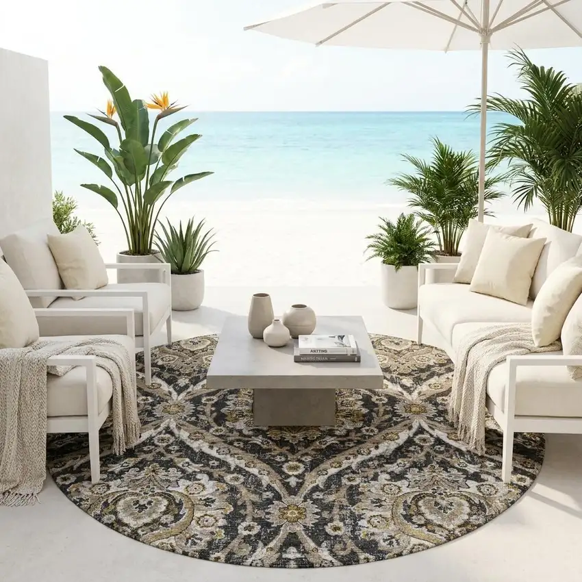 8' Black And Blue Round Floral Washable Indoor Outdoor Area Rug Photo 1