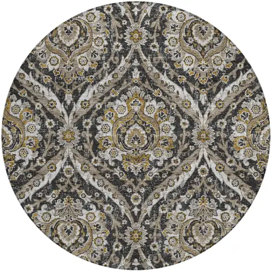 8' Black And Blue Round Floral Washable Indoor Outdoor Area Rug Photo 2