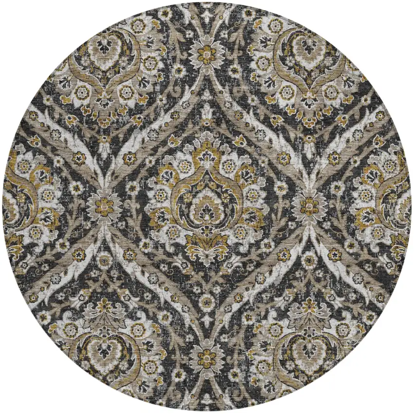 8' Black And Blue Round Floral Washable Indoor Outdoor Area Rug Photo 2